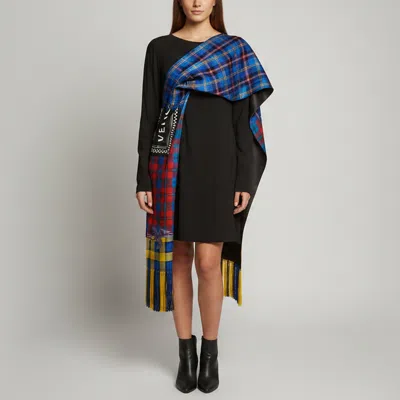 Pre-owned Versace Black Crepe Tartan Print Scarf Accent Mini Dress L