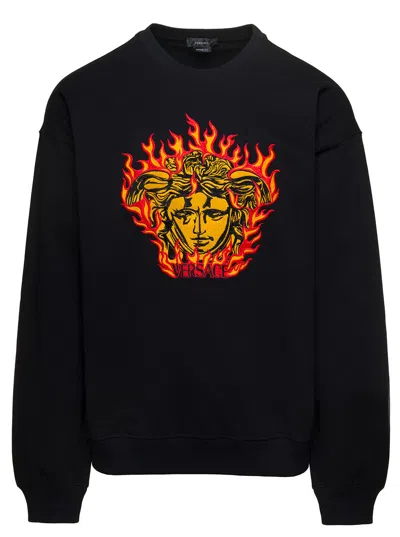 Versace Black Crewneck Sweatshirt With Medusa Print In Cotton Man In Multicolor