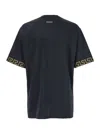 Versace Black Crewneck T-shirt With Greca Pattern On The Sleeves In Tech Fabric Man