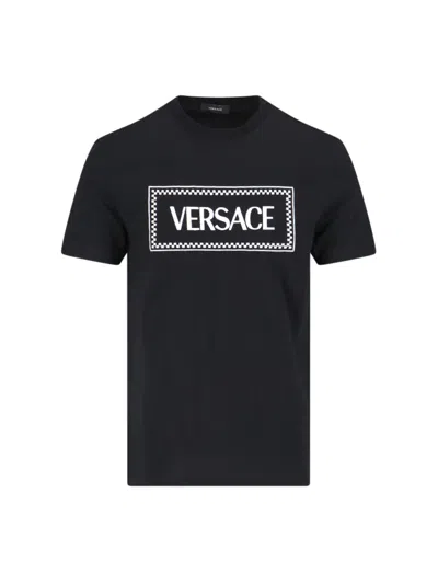 Versace Black Crewneck T-shirt With Contrasting Logo Lettering Print In Cotton Man