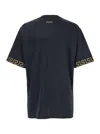 Versace Black Crewneck T-shirt With Greca Pattern On The Sleeves In Tech Fabric Man