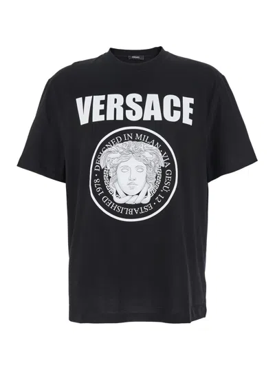 Versace Black Crewneck T-shirt With Maxi Logo Print On The Front In Cotton Man