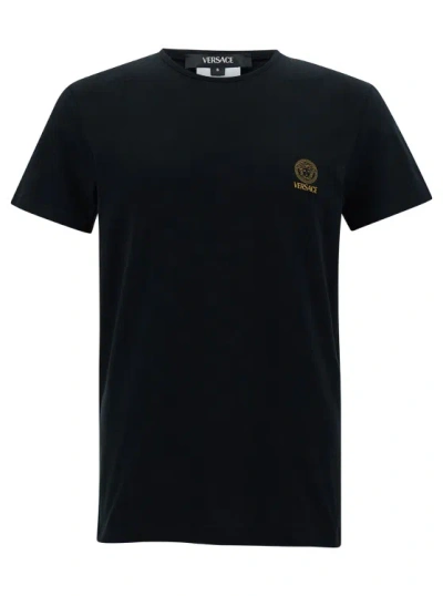 Versace Black Crewneck T-shirt With Medusa Logo Print In Stretch Cotton