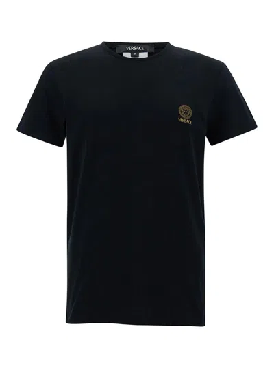 VERSACE BLACK CREWNECK T-SHIRT WITH MEDUSA LOGO PRINT IN STRETCH COTTON MAN