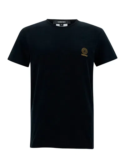 Versace Black Crewneck T-shirt With Medusa Logo Print In Stretch Cotton Man