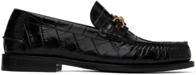 Versace Black Croc-effect Medusa '95 Loafers In Black- Gold