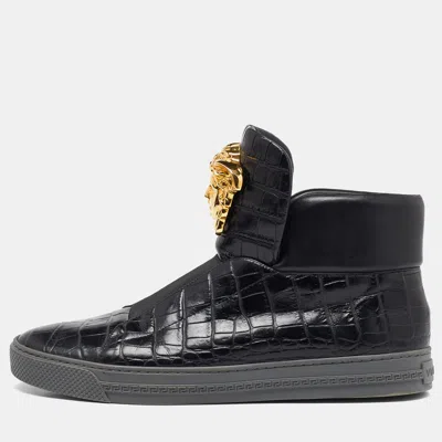 Pre-owned Versace Black Croc Embossed Leather Medusa High Top Sneakers Size 42