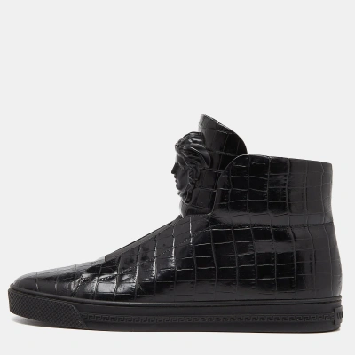 Pre-owned Versace Black Croc Embossed Leather Palazzo Medusa High Top Sneakers Size 43