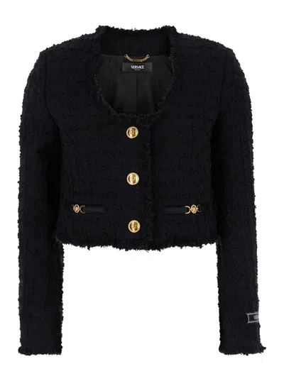 VERSACE BLACK CROP JACKET WITH JEWEL BUTTONS IN TWEED WOMAN