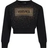 Versace Black Crop Sweatshirt For Girl With Logo And Crystals In Black