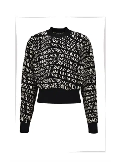 Versace Black Cropped Sweater With Contrast Logo Pattern