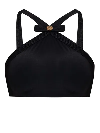 Versace Black Bikini Top With Bow And Gold Logo Plaque