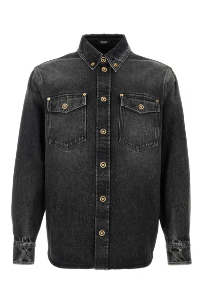 Versace Stonewash Cotton Denim Shirt In Black