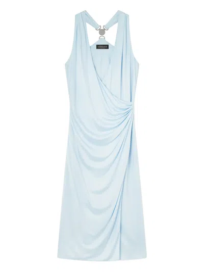 VERSACE BLACK DRAPED V-NECK VISCOSE MIDI DRESS