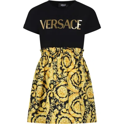 Versace Kids' Black Dress For Girl With  Logo And Baroque Print