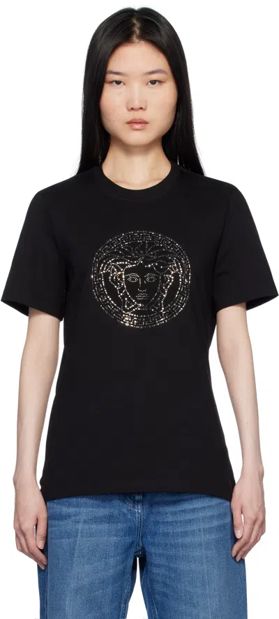 VERSACE BLACK EMBELLISHED MEDUSA T-SHIRT