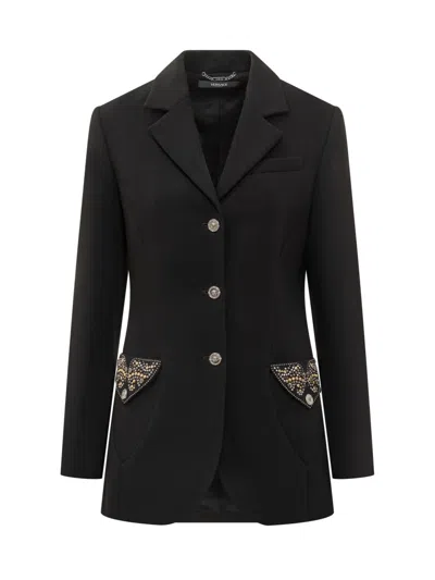 Versace Black Embellished Notched Lapel Blazer