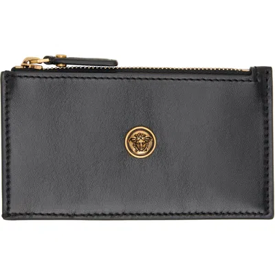 Versace Black Emblème Leather Zip Card Holder In 1b55j Black Gold '82