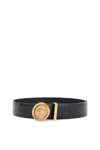 Versace Medusa Streamlined Leather Belt With Adjustable Length And Gold-tone Buckle In Black