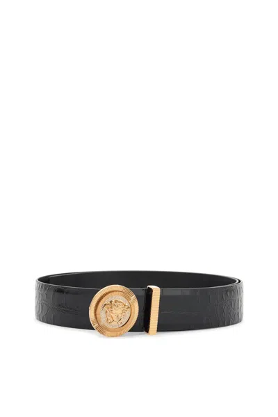 Versace Medusa Streamlined Leather Belt With Adjustable Length And Gold-tone Buckle In Black