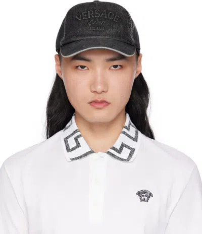 VERSACE BLACK EMBOSSED DENIM CAP