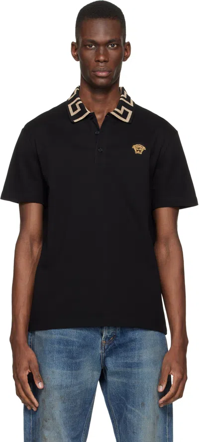 Versace Geometric Patterned Black Polo Shirt With Classic Placket