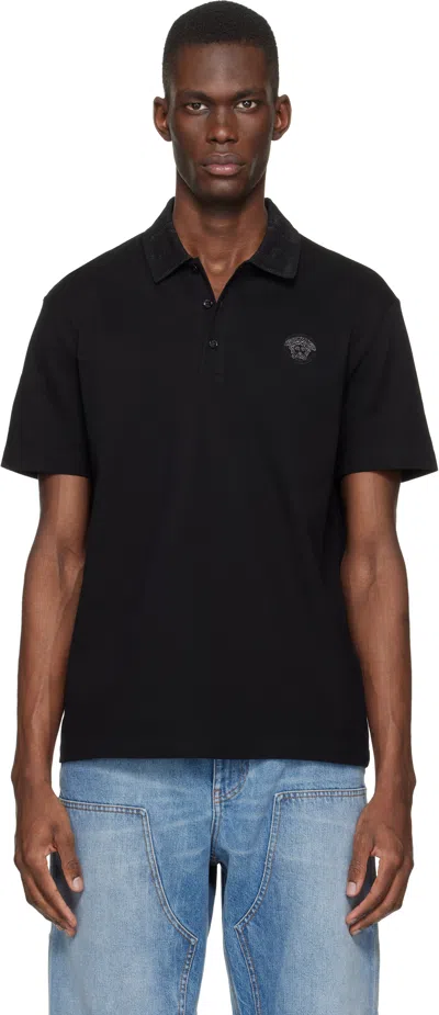Versace Black Embroidered Cotton Piqué Polo