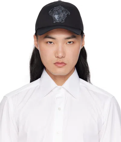 Versace Crystal Embellished Medusa Cotton Drill Baseball Cap In Black