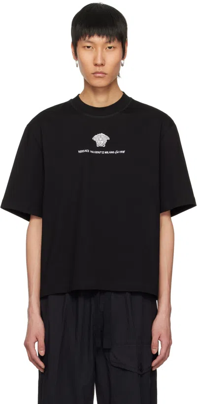 VERSACE BLACK EMBROIDERED MEDUSA MILANO T-SHIRT