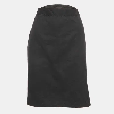 Versace Black Embroidered Trim Silk Blend Pencil Skirt