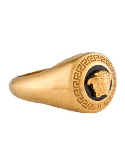 Pre-owned Versace Black Enamel Medusa Coin Ring In Multi