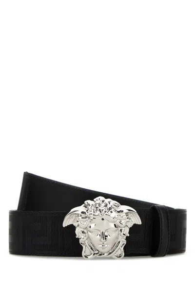 Versace Adjustable Fabric Medusa Belt With Silver-tone Hardware In Black