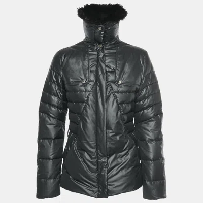Pre-owned Versace Black Fur Trim Synthetic Puffer Jacket S