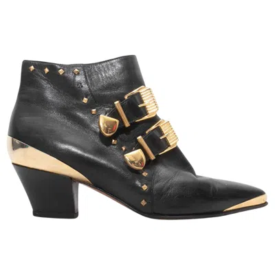 Pre-owned Versace Black Gianni  Pointed-toe Buckle Heeled Booties Size 36.5