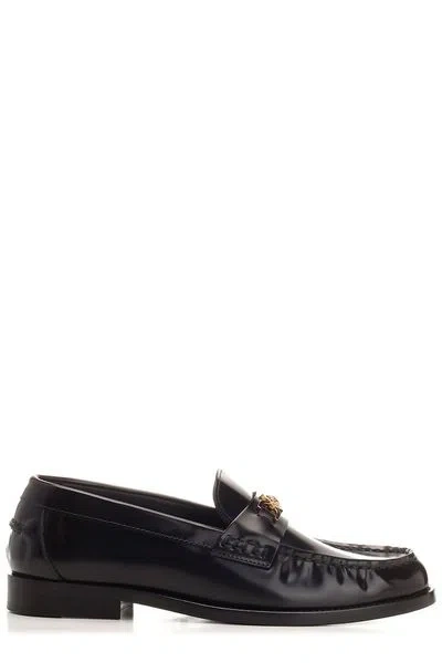 VERSACE BLACK GLOSSY LEATHER MOCCASINS WITH METAL MEDUSA DETAIL FOR WOMEN