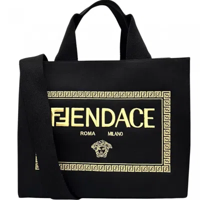 Pre-owned Versace Black Gold Canvas Handbag Tote Bag () In Black, Gold