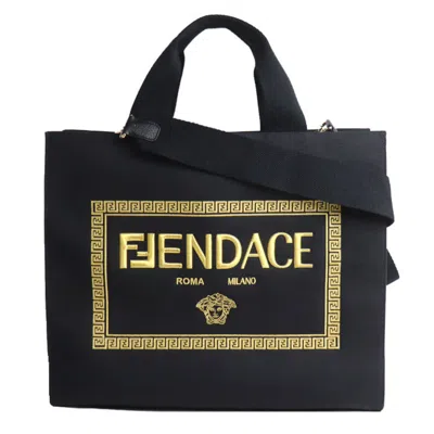 Pre-owned Versace Black Gold Canvas Shoulder Bag () In Black, Gold