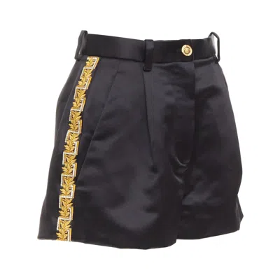 Pre-owned Versace Black Gold Greca Embroidered Crystal Trim Mini Short Shorts It40 S