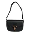 Versace Black Grainy Calf Leather Logo Crossbody Shoulder Bag In Black
