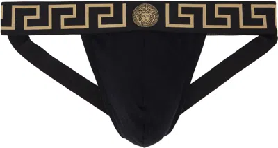 Versace Stretch Cotton Jock Strap With Medusa Greca Logo In Black Gold