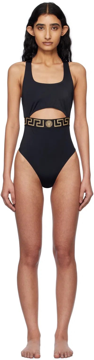 VERSACE BLACK GRECA BORDER ONE-PIECE SWIMSUIT