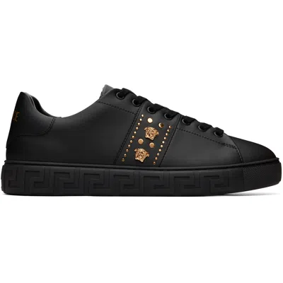 VERSACE BLACK GRECA EMBELLISHED NYLON SNEAKERS