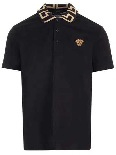 Versace Black Greca Polo Shirt In Nero