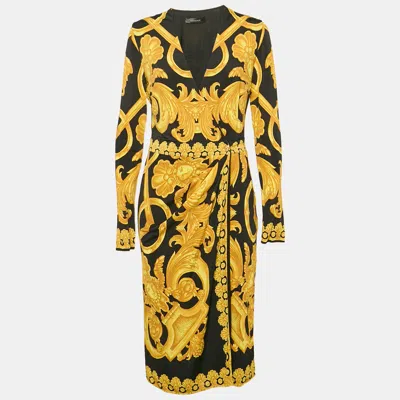 Pre-owned Versace Black Heritage Baroque Print Jersey Full Sleeve Midi Wrap Dress L