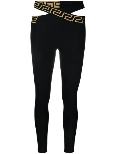 Versace Black High Waist Crossover Leggings With Greek Print And Cut-out Detail