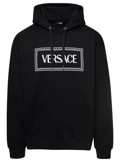 Versace Black Hoodie With Contrasting Logo Lettering Print In Cotton Man