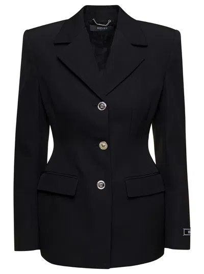 Versace Tailored Blazer With Notched Lapels And Structured Shoulders In Black