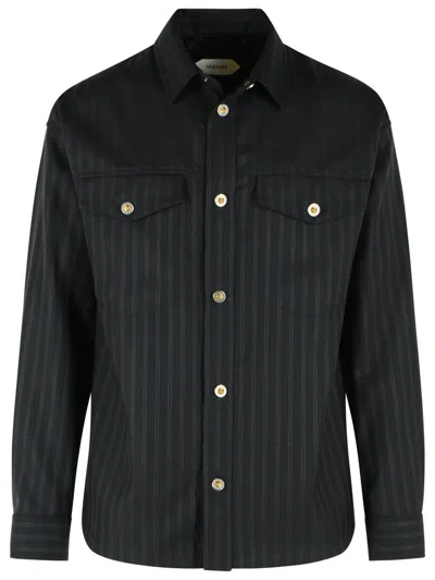 Versace Wool Greca Jacquard Shirt Jacket In Black