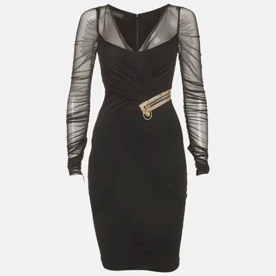 Versace Black Jersey And Tulle Draped Midi Dress