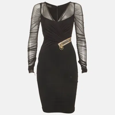 Pre-owned Versace Black Jersey And Tulle Draped Midi Dress S